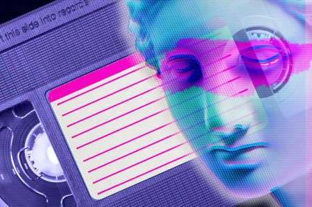 Modern conceptual art poster with face ancient statue and vhs cassetes. Collage of contemporary art.の写真素材