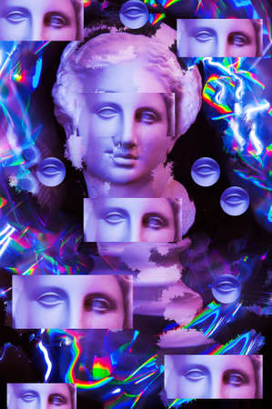 Modern conceptual art poster with ancient statue of bust of Venus. Collage of contemporary art.