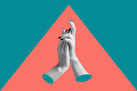 Modern conceptual art poster with a hands in a massurrealism style. Contemporary art collage.の写真素材