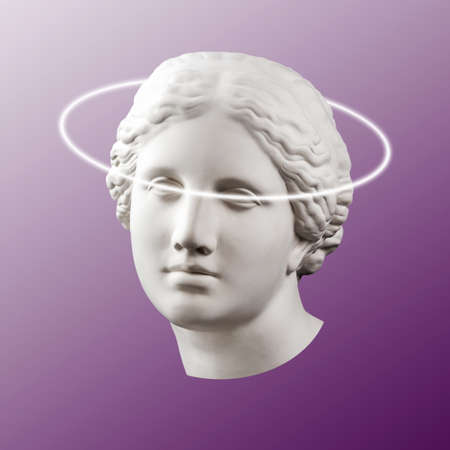 Modern conceptual art colorful poster with ancient statue of bust of Venus. Collage of contemporary...