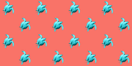 Seamless pattern with sea green turtle isolated on a coral color background.の写真素材