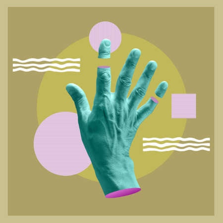 Modern conceptual art poster with a hand in a surrealism style. Contemporary art collage.の写真素材