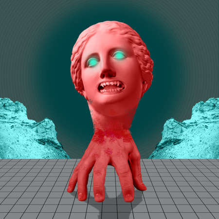 Halloween. Contemporary art concept collage with antique statue head and hand in a surreal horror style.の写真素材