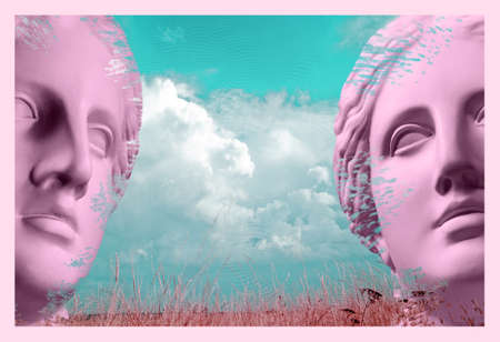 Modern conceptual art poster with ancient statue of bust of Venus. Collage of contemporary art.