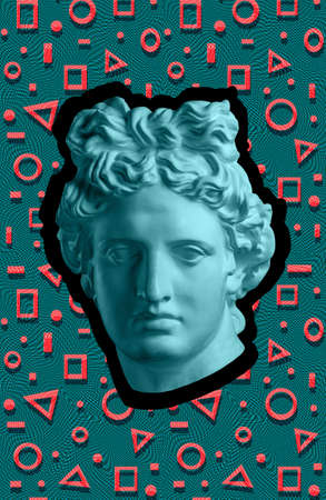 Contemporary art concept collage with antique statue head in a surreal style. Modern unusual art.
