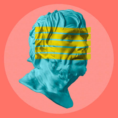 Contemporary art concept collage with antique statue head in a surreal style. Modern unusual art.の写真素材