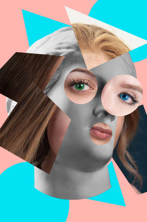 Contemporary art poster with ancient statue of Venus head and details of a living womans face.の写真素材