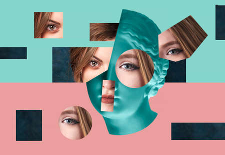 Contemporary art poster with ancient statue of Venus head and details of a living womans face.の写真素材