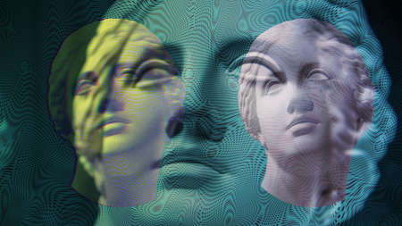 Contemporary art concept collage with antique statue head in a surreal style. Modern unusual art. Glitch effect, textured.の写真素材