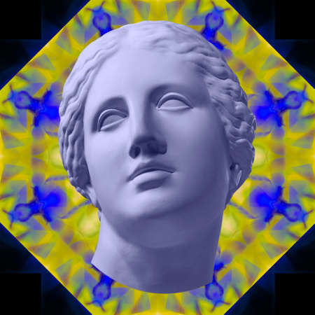 Contemporary art concept collage with antique statue head in a surreal style. Modern unusual art.