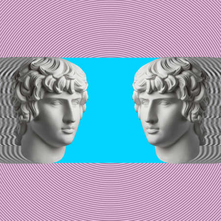 Contemporary art concept collage with antique statue head in a surreal style. Modern unusual art.