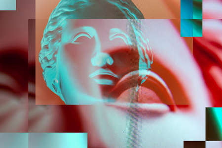 Contemporary art concept collage with antique statue head in a surreal style. Modern unusual art. Glitch effect, textured.の写真素材