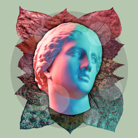 Contemporary art concept collage with antique statue head in a surreal style. Modern unusual art.の写真素材
