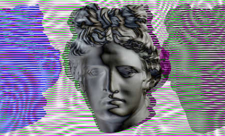 Contemporary art concept collage with antique statue head in a zine culture style. Glitch effect, textured.の写真素材