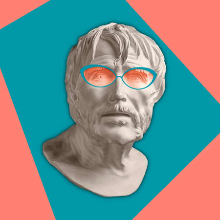 Contemporary art concept collage with antique statue head in a zine culture style. Male face with...