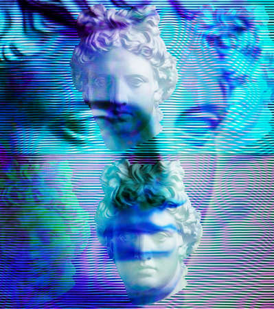 Contemporary art concept collage with antique statue head in a zine culture style. Glitch effect, textured.の写真素材