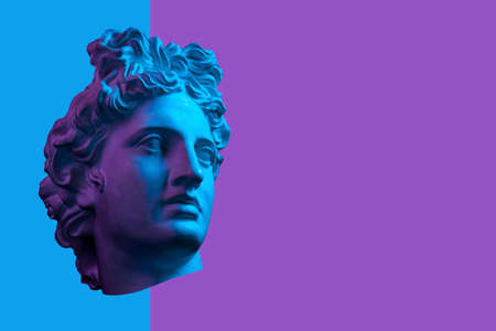 Contemporary art concept collage with antique statue head in a zine culture style. Beautiful face young man.の写真素材