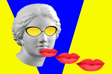 Contemporary art concept collage with antique statue Venus head in glasses and lips. Zine culture style. Modern trendy art.の写真素材