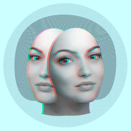 Contemporary art concept collage with face details and fashion girl head in a zine culture style. Beautiful face young woman.の写真素材