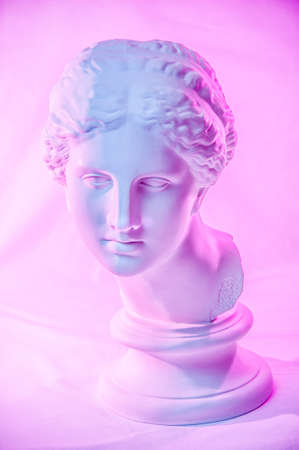 Statue of Venus de Milo. Creative concept colorful neon image with ancient greek sculpture Venus or Aphrodite head. Webpunk, vaporwave and surreal art style. Pink and blue duotone effects.の写真素材