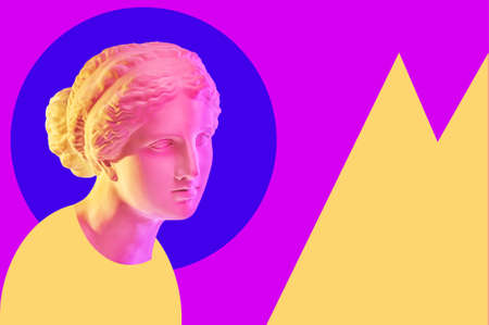Statue of Venus de Milo. Creative concept colorful neon image with ancient greek sculpture Venus or Aphrodite head. Webpunk, vaporwave and surreal art style. Pink and yellow duotone effects.の写真素材