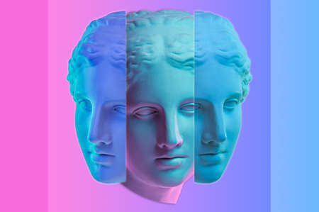 Statue of Venus de Milo. Creative concept colorful neon image with ancient greek sculpture Venus or Aphrodite head. Webpunk, vaporwave and surreal art style. Pink and blue duotone effects.の写真素材