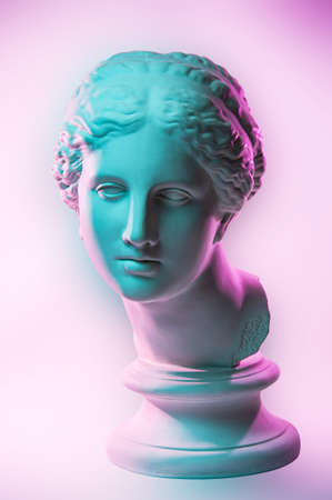 Statue of Venus de Milo. Creative concept colorful neon image with ancient greek sculpture Venus or Aphrodite head. Webpunk, vaporwave and surreal art style. Pink and green duotone effects.の写真素材