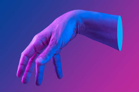 Hand in a pop art collage style in neon bold colors. Modern psychedelic creative element with human palm for posters, banners, wallpaper. Copy space for text. Magazine style design. Zine culture.の写真素材