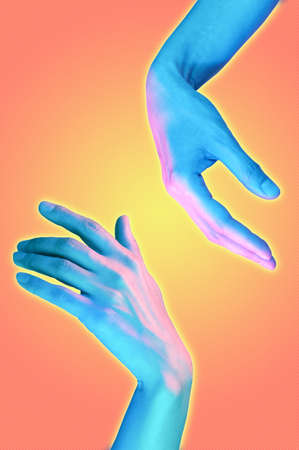 Two hand in pop art collage style in pastel bold colors. Modern psychedelic creative element with human palm for posters, banners, wallpaper. Copy space for text. Magazine style design. Zine culture.の写真素材