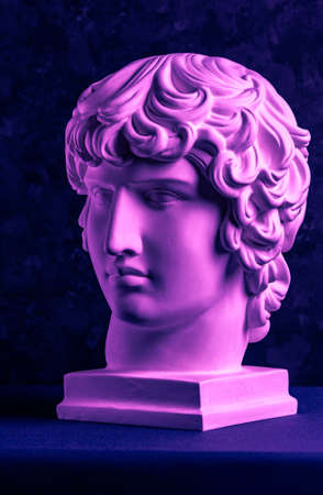 Gypsum copy of ancient famous statue Antinous head on dark textured background. Plaster antique...