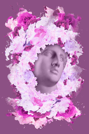 Beautiful young female face and colorful flowers. Plaster antique bust of Venus in a floral wreath....
