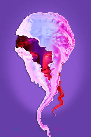 Collage with plaster antique sculpture of human face in a pop art style. Creative concept colorful...