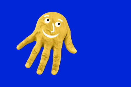 Hand and smiley face in a pop art collage style in neon bold colors. Modern psychedelic creative...