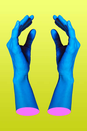 Two hand in a pop art collage style in neon bold colors. Modern psychedelic creative element with human palm for posters, banners, wallpaper. Copy space for text. Magazine style. Zine culture.の写真素材