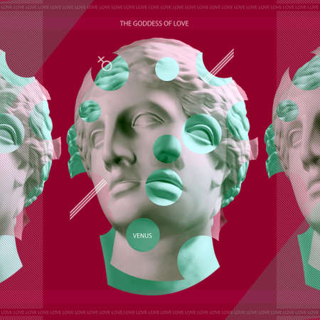 Combination of white and green beautiful young female faces on red background. Antique bust of...