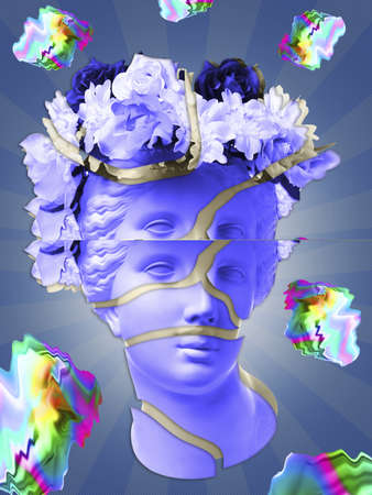 Beautiful young female blue face and colorful flowers on textured background. Plaster antique bust...