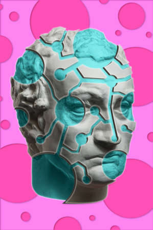 Collage with plaster antique sculpture of human face in a pop art style. Creative concept colorful neon image with ancient statue head. Zine culture. Cyberpunk, webpunk and surreal style poster.の写真素材