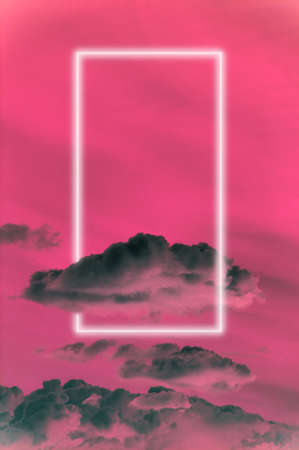 Aesthetic modern art collage with clouds blue sky in style of the 80-90s. Real natural sky composition in bright neon colors. Vaporwave, Cyberpunk, Synthwave, webpunk and surreal style. Zine culture.の写真素材