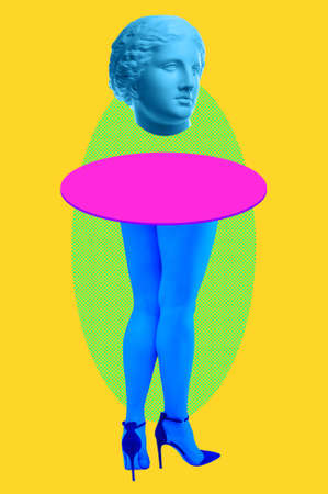 Picture of venus head instead of body and womans beautiful blue legs in high heels shoes on acid yellow color background. Disco lights. Surreal art. Funny modern art collage. Pop art. Zine culture.の写真素材