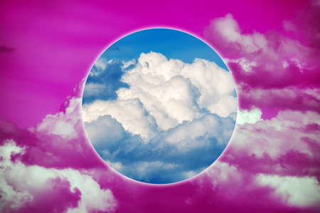 Aesthetic modern art collage with clouds sky in style of the 80-90s. Real natural sky composition in bright neon colors. Vaporwave, Cyberpunk, Synthwave, webpunk and surreal style. Zine culture.の写真素材