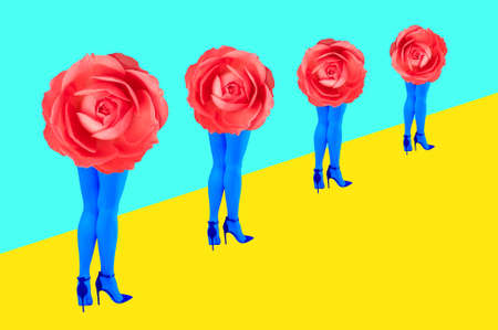 Rose bud and womans beautiful legs in acid color tights and high heels shoes on a colorful...