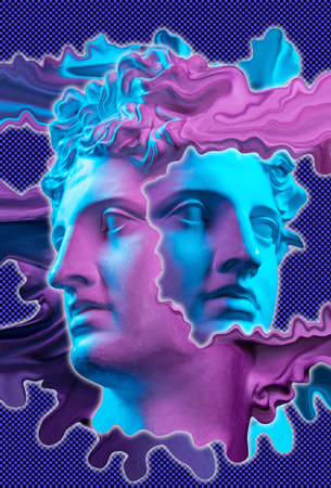Collage with plaster antique sculpture of human face in a pop art style. Creative concept colorful neon image with ancient statue head. Zine culture. Cyberpunk, webpunk and surreal style poster.の写真素材