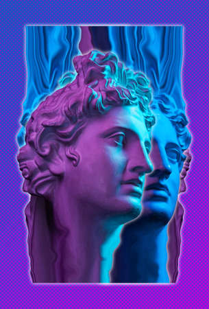 Collage with plaster antique sculpture of human face in a pop art style. Creative concept colorful neon image with ancient statue head. Zine culture. Cyberpunk, webpunk and surreal style poster.の写真素材