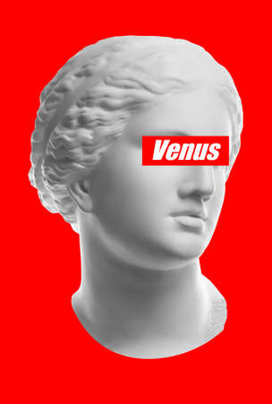 Collage with plaster antique sculpture of human face in a pop art style. Creative concept colorful neon image with ancient statue head. Zine culture. Cyberpunk, webpunk and surreal style poster.の写真素材