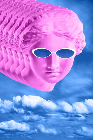 Collage with plaster antique sculpture of human face in a pop art style. Creative concept colorful neon image with ancient statue head. Zine culture. Cyberpunk, webpunk and surreal style poster.の写真素材