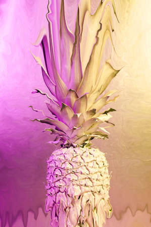 Collage with ananas in vibrant bold gradient holographic colors in a creative concept art style. Creative colorful neon image with pineapple. Zine culture. Pop art pattern and surreal style poster.の写真素材