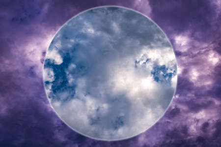Modern aesthetic art collage with clouds blue sky in style of 80-90s. Real natural sky composition in bright neon colors. Contemporary art poster in surreal style. Zine culture.Template for design.の写真素材