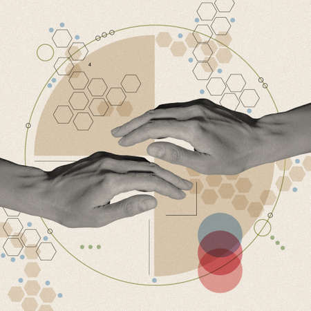 Art collage with human palm and creative elements, geometric shapes for posters, banners, wallpaper. Science, research, discovery, technology concept. Pop art. Zine culture. Fashion magazine style.の写真素材