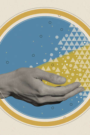 Art collage with human palm and creative elements, geometric shapes for posters, banners, wallpaper. Science, research, discovery, technology concept. Pop art. Zine culture. Fashion magazine style.の写真素材