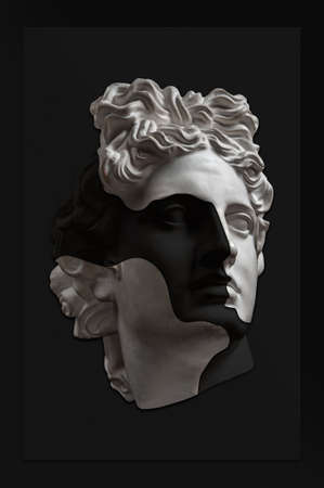 Collage with plaster antique sculpture of human face in a pop art style. Creative concept image with...
